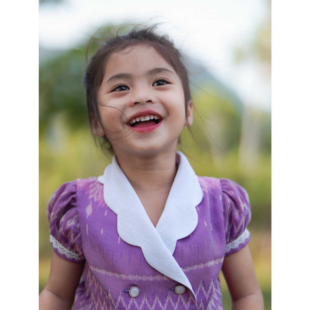 ZirinS ชุดไทยโจงกระเบนเด็กผู้หญิง มุกดา สีม่วงชมพู ผ้าฝ้ายทอ ฝ้ายคราม Size80 90