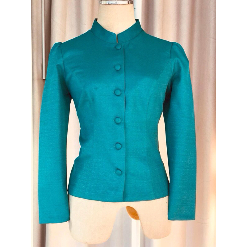 เสื้อไหมลาว ทรงจิตรลดา สีเขียวหัวเป็ด