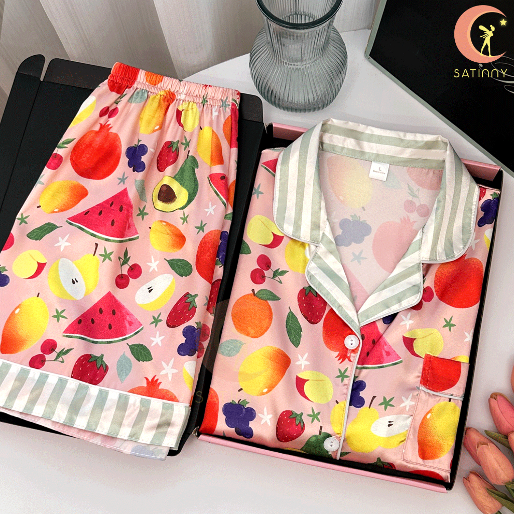 JJ21ชุดนอนSatinny ผ้าดีมีเท๊คเจ้ ระดับไฮเอนด์ เนื้อผ้าเย็นลื่น แขนสั้น+ขาสั้น ส์ไตล์เกาหลีใส่เที่ยวได้ ชุดนอนเจ้าหญิง