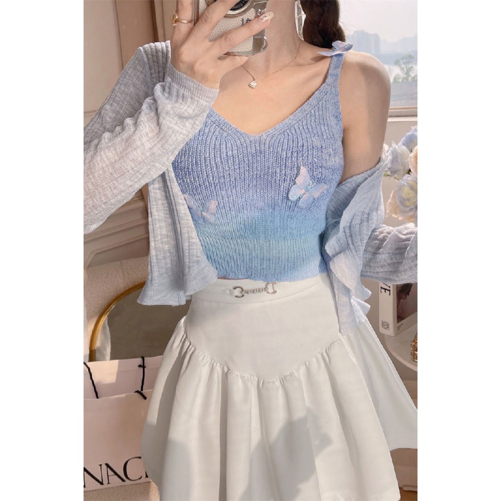 เสื้อกล้ามครอป เนื้อผ้าถัก ไล่ระดับสีต่างๆ ด้วยดีไซน์ผีเสื้อ สาวอวบใส่ได้ ไม่มีฟองน้ำ ผ้าหนา รุ่น ครอปBra