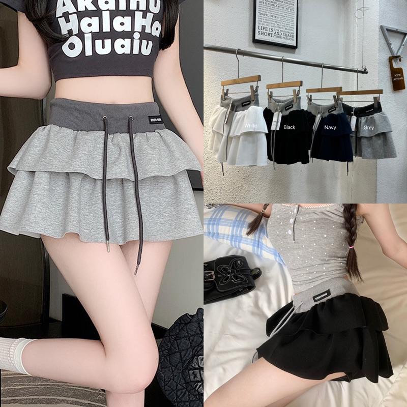 กระโปรงสั้น กระโปรงชั้น เนื้อผ้านิ่มใส่สบาย เอวยางยืด มีซับใน เชือกผูกเอว-รหัส911
