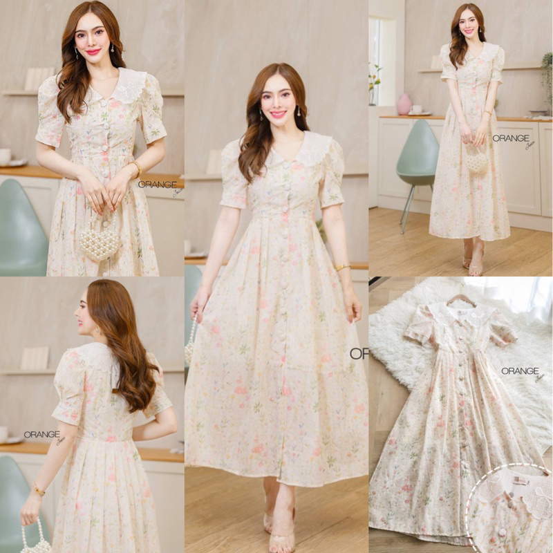 พร้อมส่ง S-2XL ป้าย Orange Juice เดรสยาว ฉลุ พิมพ์ลายดอกไม้ สีครีม คอปกลูกไม้ สวยหวาน