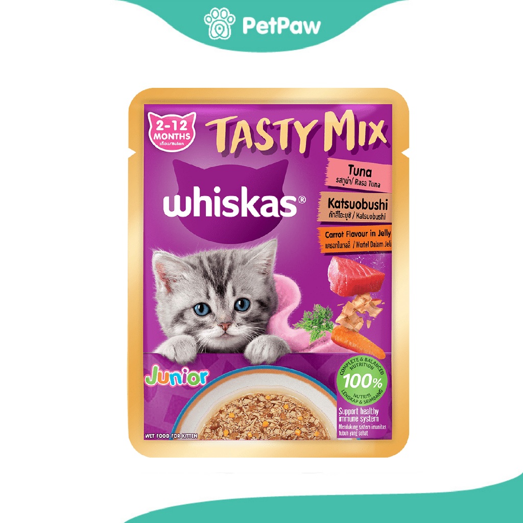Whiskas Tasty Mix Kitten อาหารเปียกสำหรับลูกแมว รส ปลาทูน่า ปลาคัทซึโอะบูชิ แครอทในเยลลี่ 70g.(70g.)