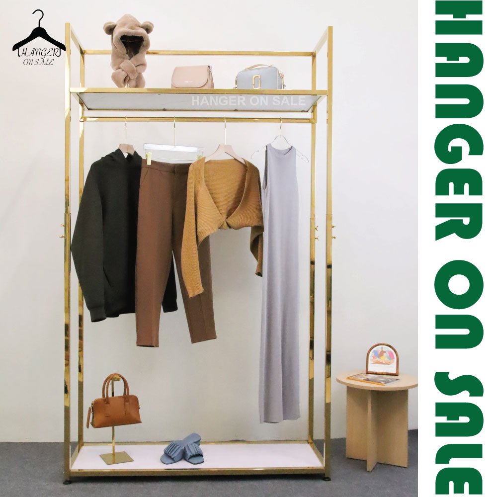 ราวแขวนเสื้อผ้า ราวแขวนผ้าสีทอง มีที่วางกระเป๋า ราวทอง ขนาดใหญ่ ราวไลฟ์สด ราวสเเตนเลส เเข็งเเรง ปรับระดับได้ มี/ไม่มีล้อ
