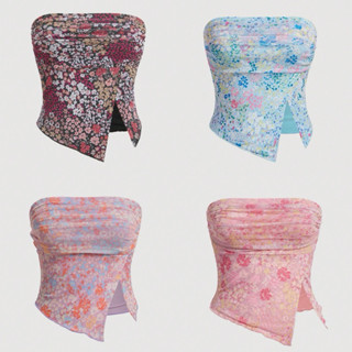 พร้อมส่ง🇹🇭 เสื้อเกาะอกสาวอวบ ลายดอกไม้ จับจีบย่นช่วงอก เอวผ่…