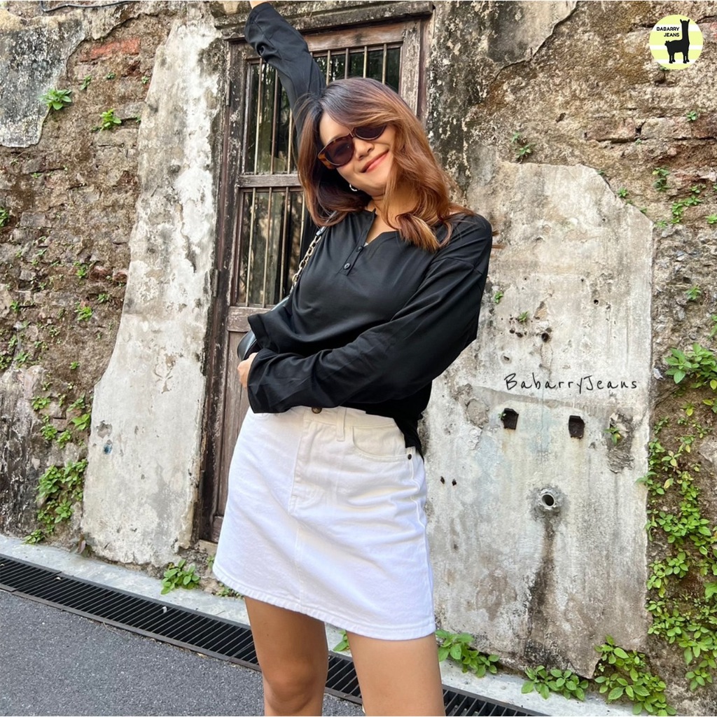 BabarryJeans กระโปรงยีนส์สั้น เอวสูง มินิมอล ไซต์ S-6XL สาวอวบ