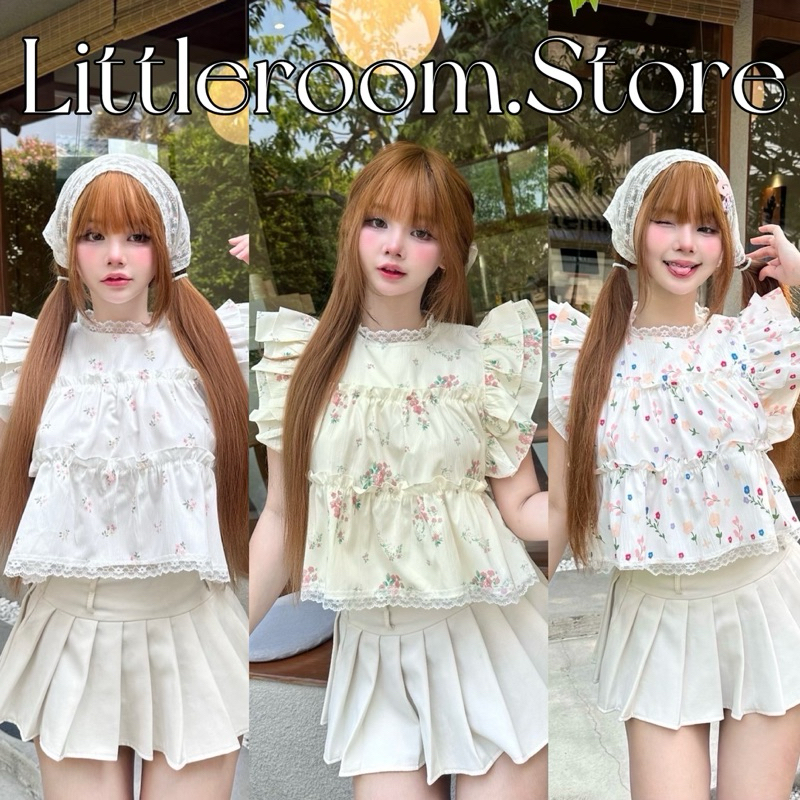 Nusa เสื้อคอกลมลายดอกไม้ แขนแต่งระบาย 2 ชั้นตัดขอบลูกไม้