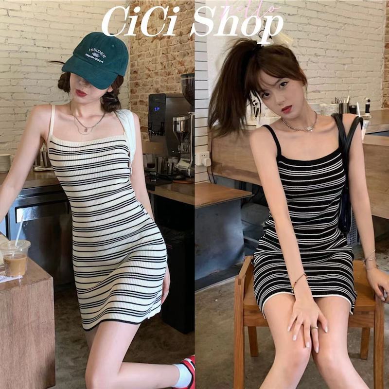Cicishop(M052)เดรสสายเดี่ยวไหมพรมลายทาง ผ้ายืด สาวเรียบสไตล์มินิมอล
