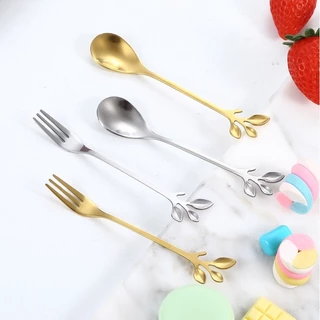 🚚พร้อมส่ง🚚ช้อนทอง-ส้อมทอง ช้อนทานขนม ทานกาแฟสแตนเลส ช้อนสแตนเลส ส้อมจิ้มผลไม้ ด้ามใบไม้ ของชำร่วย
