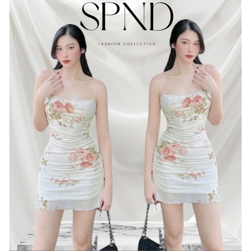 𝐒𝐏𝐍𝐃 【พร้อมส่ง】 เดรสคอถ่วงผ้าซีทรู มีซับใน ลายดอก ทรงสวยใส่น่ารักมาก ลายดอกไม้