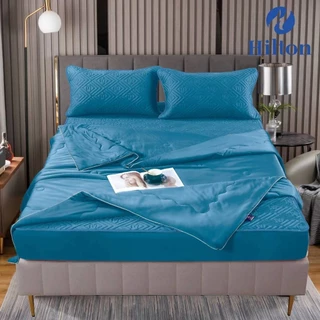 Hilton ผ้าปูที่นอนยางพาราเย็น+ผ้าห่มไหมเย็น Set4ชิ้น สีพื้น6ฟุต เกรดพรีเมี่ยม ผ้านุ่มลื่นเย็นสบา#HTJ