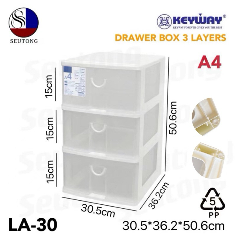 Keywayกล่องลิ้นชัก (ใส่A4ได้) ลิ้นชักอเนกประสงค์3ชั้น สีใส เเข็งเเรงทนทาน รุ่น LA-30