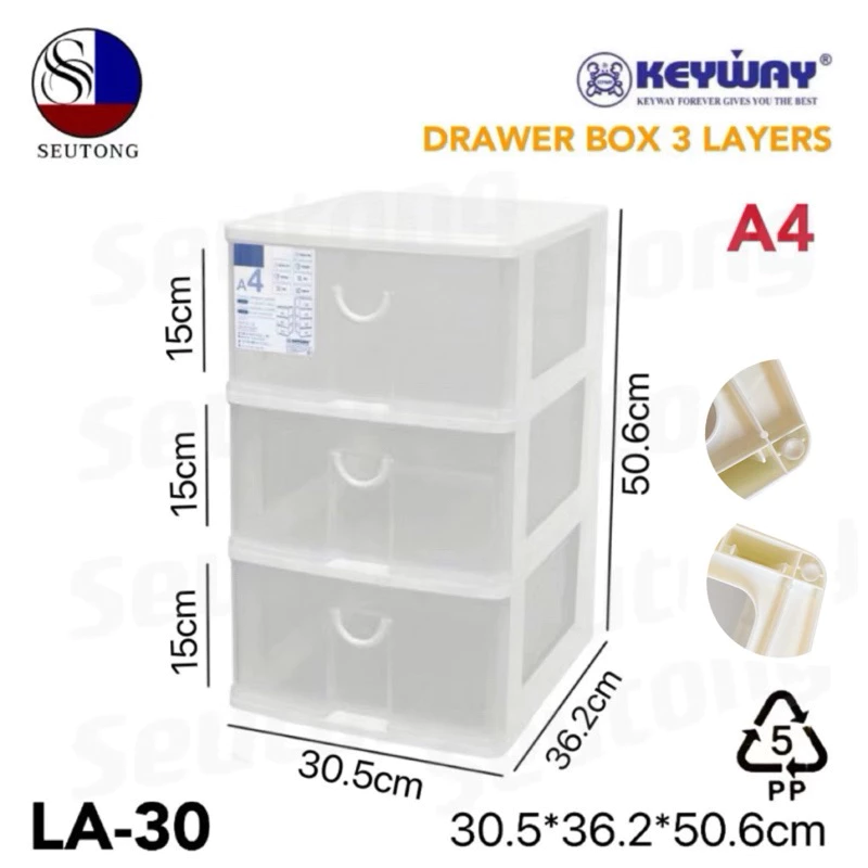 Keywayกล่องลิ้นชัก (ใส่A4ได้) ลิ้นชักอเนกประสงค์3ชั้น สีใส เเข็งเเรงทนทาน รุ่น LA-30