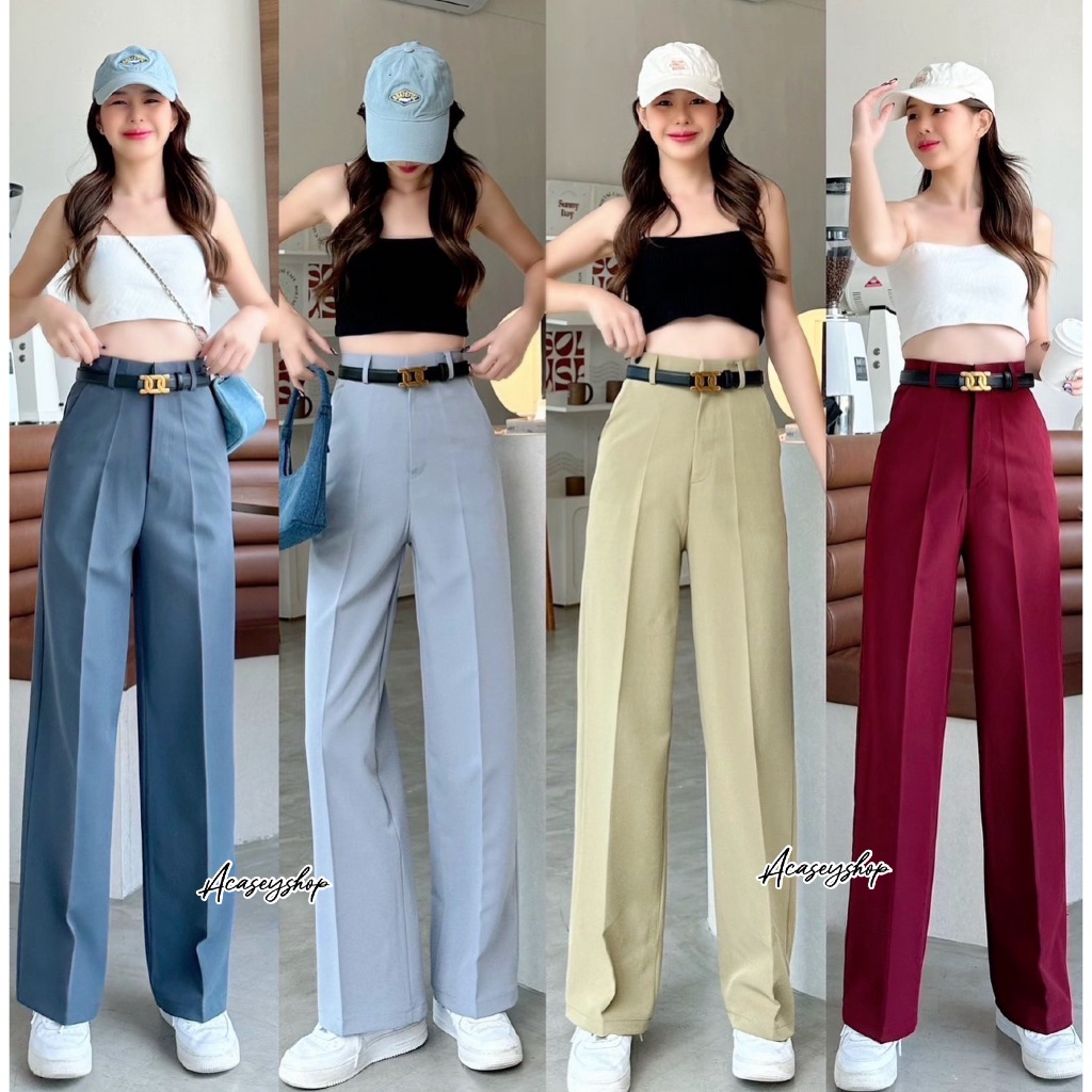 Acasey กางเกงขายาวผู้หญิง ขากระบอกกลาง ทรงลุง รุ่น Basic pants 1หู หน้าเรียบ ไซส์ S - XL