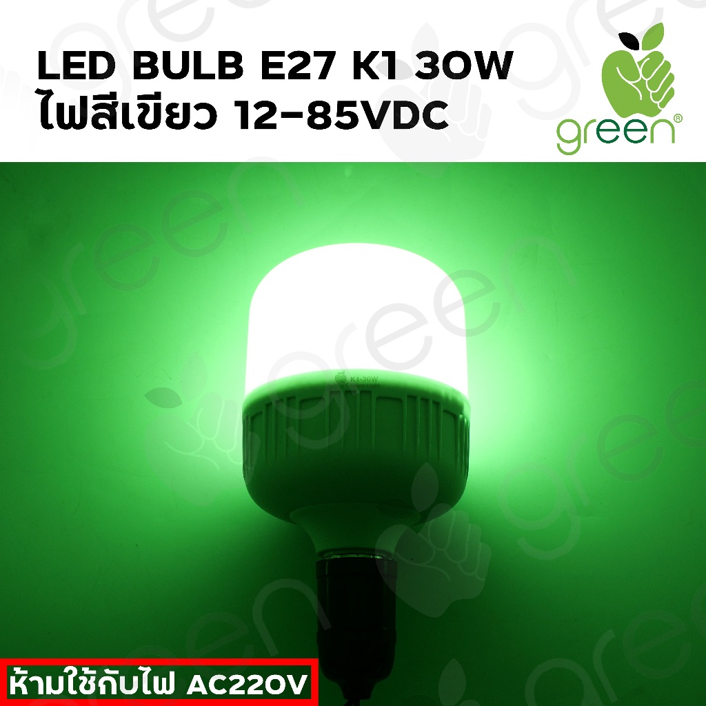 หลอดไฟ LED รองรับแรงดัน 12-85 โวลต์ ไฟฟ้ากระแสตรง ขนาด 30วัตต์ แสงสีเขียว ขั้ว E27  Applegreen LED DC 12-85Vdc 30W G