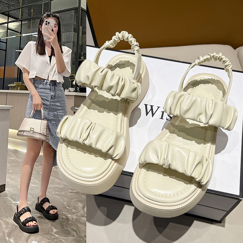 Fshow แนะนำ สินค้าใหม่ รองเท้ารัดส้นพื้นหนา 1.5 นิ้ว ดีเทลสายด้านหน้า 2 เส้น แต่งสายยับๆ เพิ่มกิมมิค ดูดีดูมีอะไร จะใส่เ