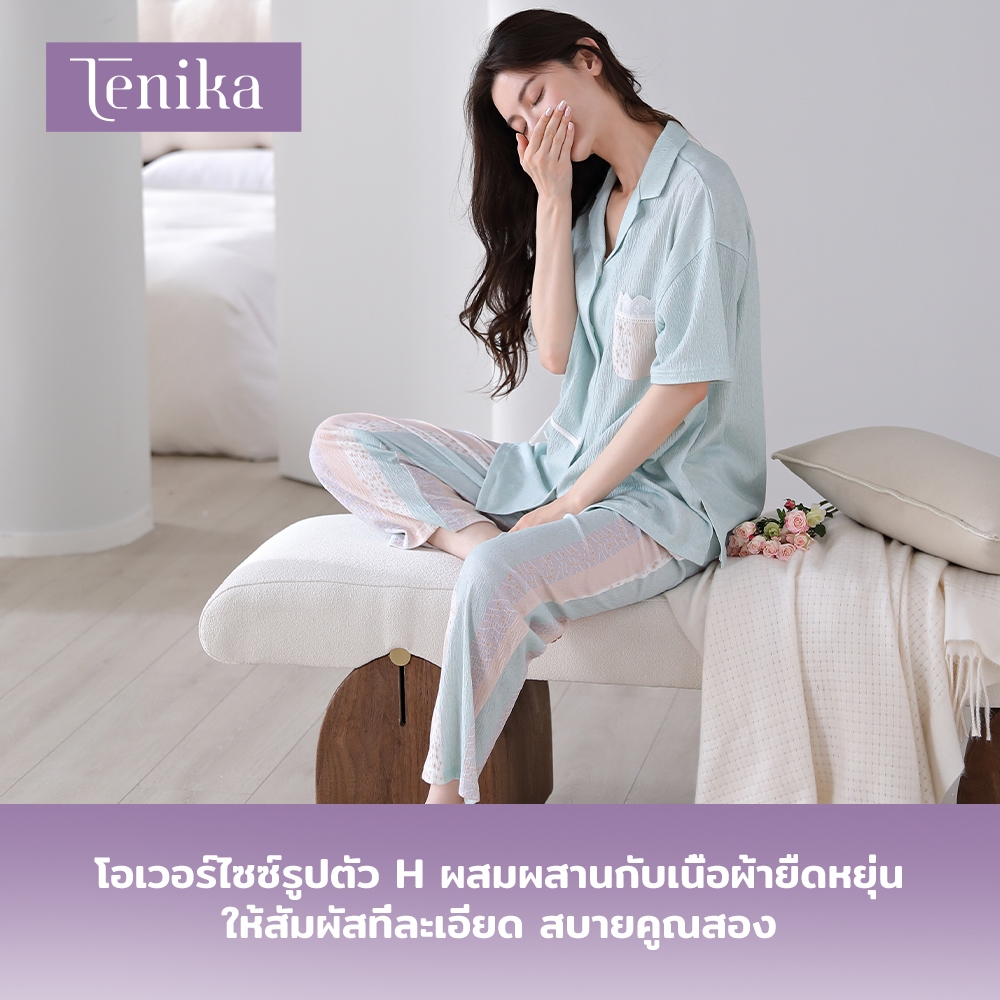 TENIKA ชุดนอน ผู้หญิง เสื้อแขนสั้น ขาสี่ส่วน ผ้าจีบ ชุดอยู่บ้าน ฟรีไซส์ M-XXLรหัส HW-013 — صورة 5