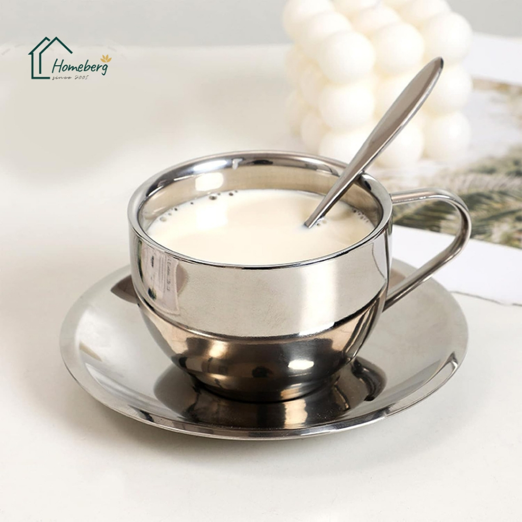 HOMEBERG พร้อมส่ง ถ้วยกาแฟ  ถ้วยกาแฟ แก้วกาแฟ พร้อมจานรอง พร้อมช้อน  แก้วกาแฟพกพา สแตนเลส 180ml ชุดถ้วยกาแฟ ชุดถ้วยชา
