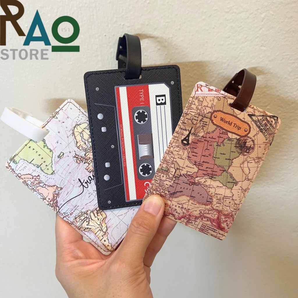Rao Store พร้อมส่ง ป้ายแท็กห้อยกระเป๋าเดินทาง แท็กป้ายชื่อ วัสดุหนังPU สายเป็นพลาสติก ดีไซน์ลายแผนที่ ลายเทป