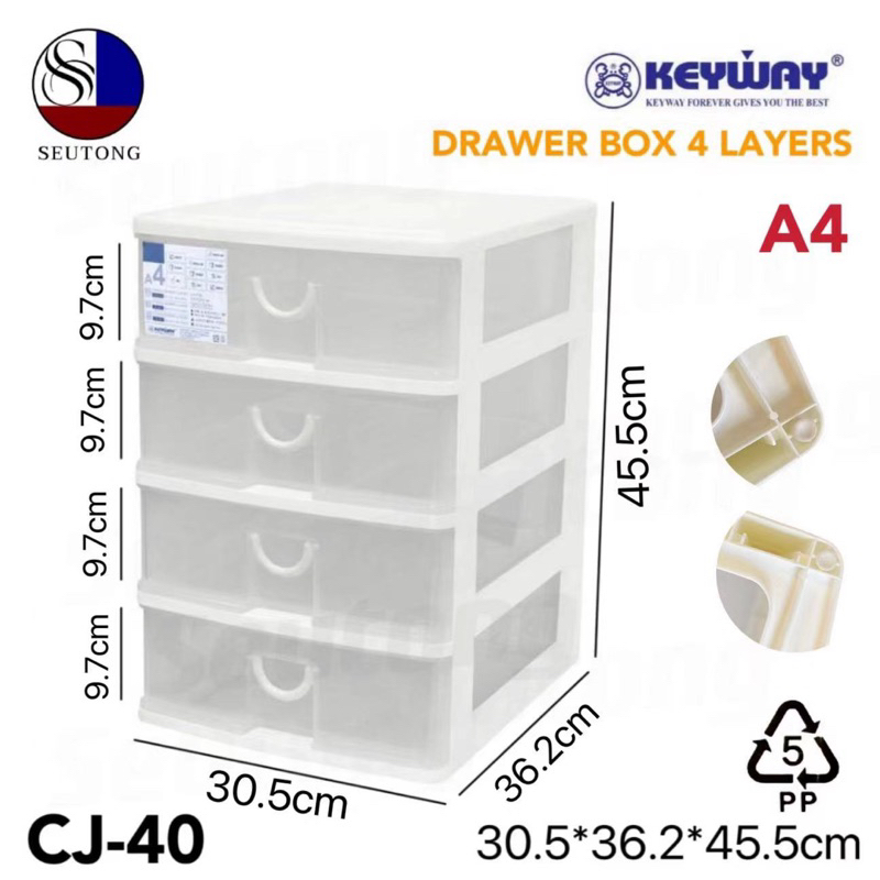 Keywayกล่องลิ้นชัก (ใส่A4ได้) ลิ้นชักอเนกประสงค์4ชั้น สีใส เเข็งเเรงทนทาน รุ่น CJ-40