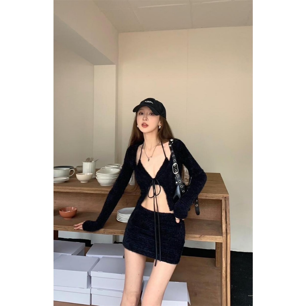 Cici(C1848)set3ชิ้น ไหมพรม เสื้อคลุม+บราคล้องคอ+กระโปรงสั้น เซ็กซี่ปนเท่แบบเบา