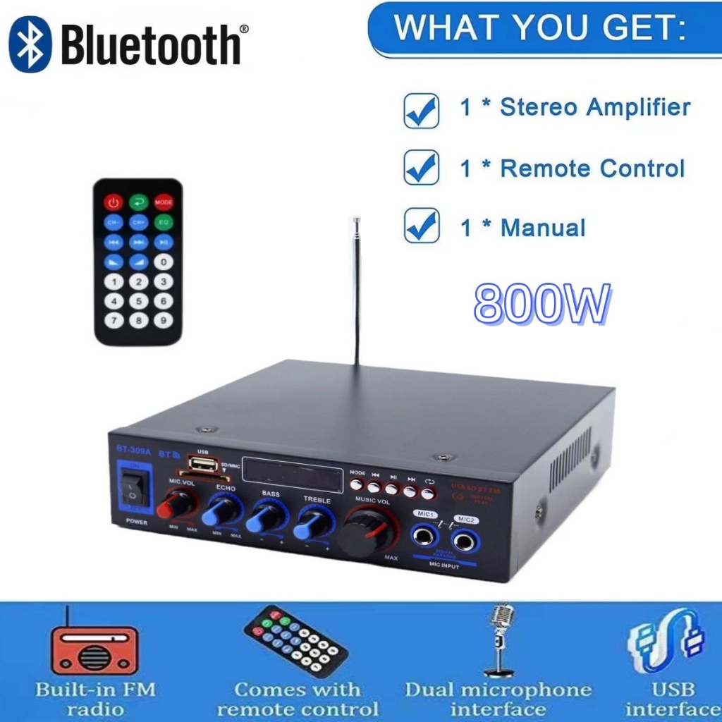 BT-309A บลูทูธเครื่องขยายเสียง 220V Power amplification Plug-in USB Flash Drive เครื่องขยายเสียงไฮไฟ