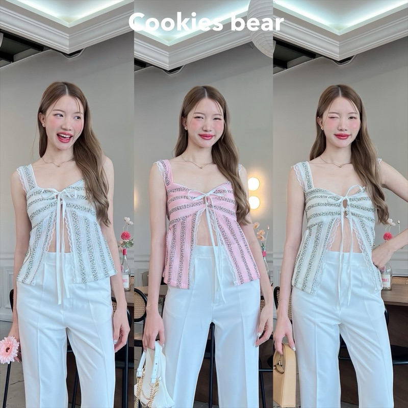 A85 - cookies bear สายเดี่ยวแถบผ้ายืดลูกไม้ฉลุติดลูกไม้ผูกโบว์