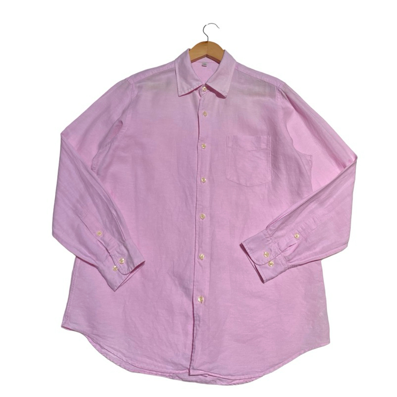 UNIQLO เสื้อเชิ้ตแขนยาว Pink Spread Collar Linen  Blend Shirt