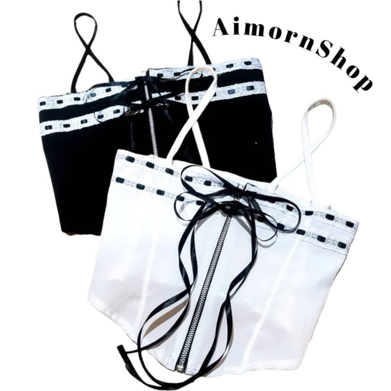 aimorn_shop เสื้อสายเดี่ยว ซิปหน้าดีเทลผูกโบว์ที่อก สม็อคหลัง งานสวยมาก