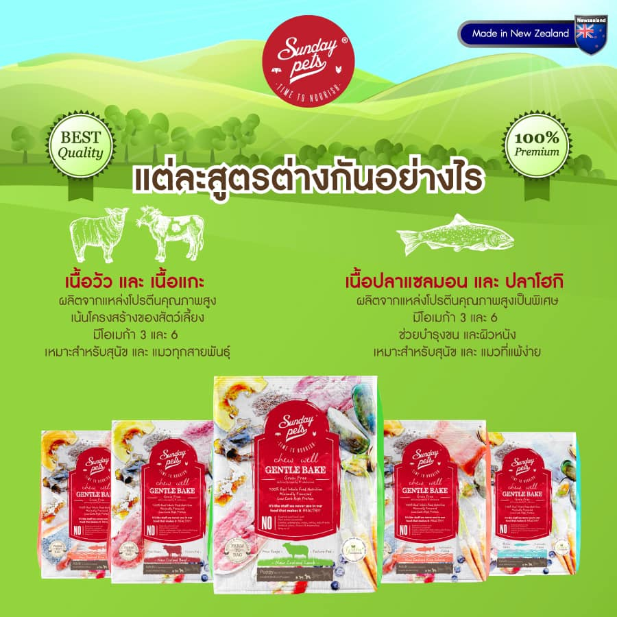 อาหารสุนัข Sunday Pets  ขนาด 1.3 kg มี 5 สูตร เนื้อแกะ เนื้อวัว ปลาแซลมอน โฮกิ และโฮกิวิทไทรพ์