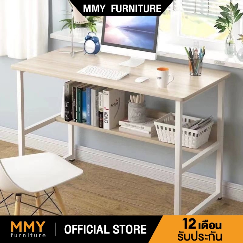 MMY โต๊ะทํางาน 80/100/120cm ขาเหล็กหนา โต๊ะอ่านหนังสือ โต๊ะทํางานพับได้ Computer Desk โต๊คอมพิวเตอร์ ชั้นวางหนังสือ