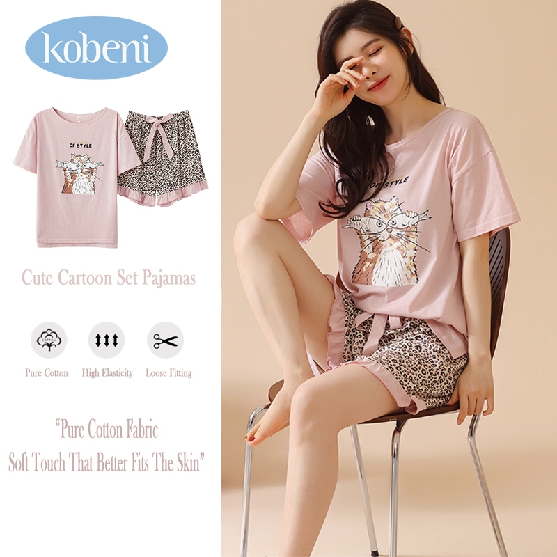 KOBENI ชุดนอน ชุดนอนผู้หญิง ชุดนอนแขนสั้น ชุดนอนแขนสั้นขาสั้น ชุดนอนการ์ตูน เซตชุดนอนงาน ใส่สบาย ผ้านิ่ม
