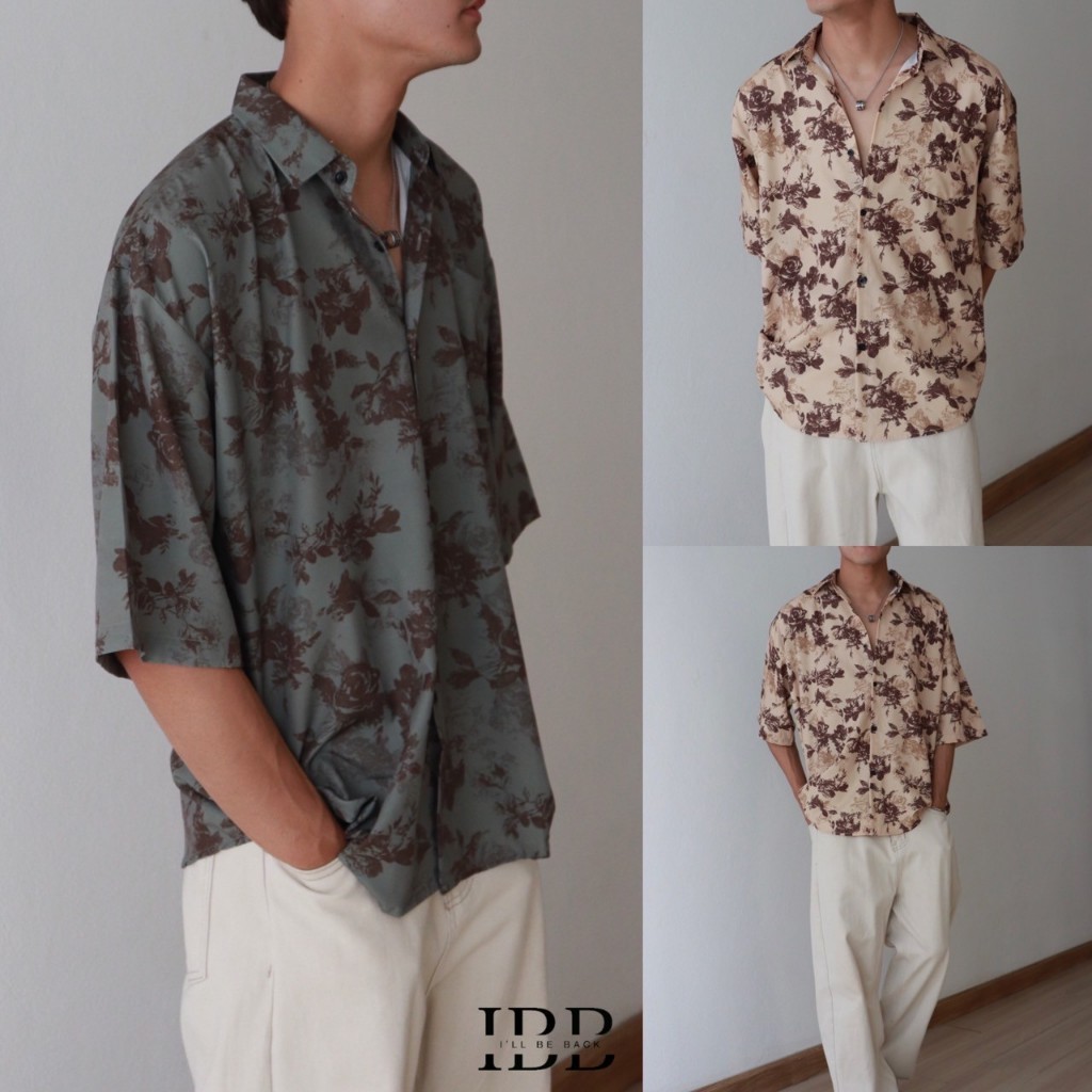 IBB ROSE SHIRTS เสื้อเชิ้ตแขนสั้นพิมพ์ลายดอกกุหลาบสไตล์วินเทจ