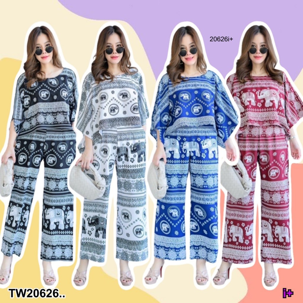 TwinsShopVip💗พร้อมส่ง TW20626 Set #สาวอวบ 2 ชิ้น เสื้อปีกผีเสื้อ +กางเกง ลายช้าง ..