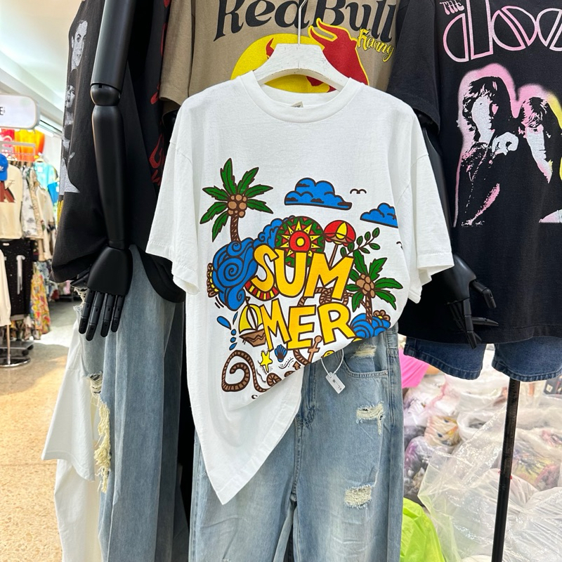 SUMMER TEE เสื้อยืดผ้าฟอกเเต่งสกรีนลาย