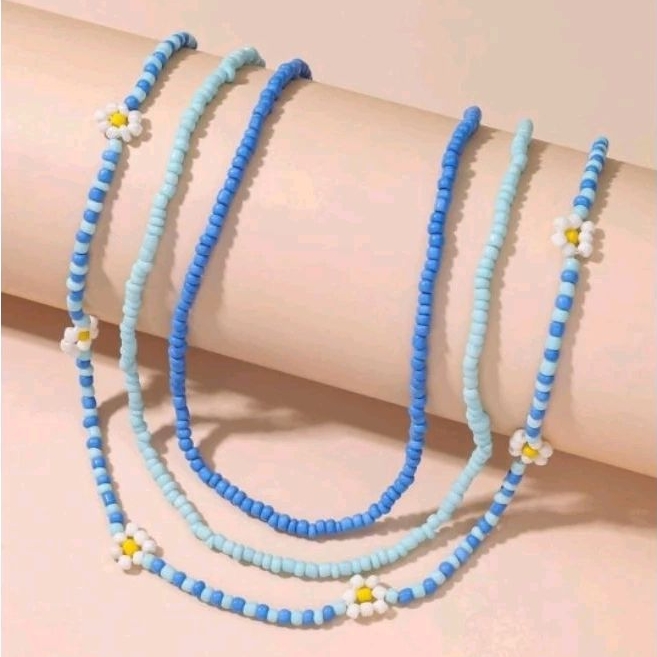 พร้อมส่ง Set 3 เส้น สร้อยลูกปัดเล็กสีฟ้าและดอกไม้ Blue beads&Flowers Necklace