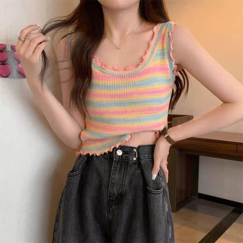 Vogue🌟พร้อมส่ง🌟 เสื้อกล้ามคอเหลี่ยมลายสายรุ้งเซ็กซี่ มีสไตล์และดูดี (65CX02)