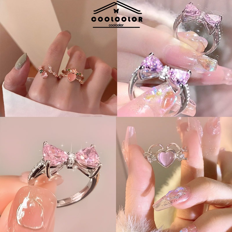 ในไทย💖แหวนเงินแท้เกรดS925ประดับโบว์คริสตัลเพชรสีชมพูเครื่องประดับแฟชั่นหรูหราสําหรับผู้หญิง.coolocolor-th.COD