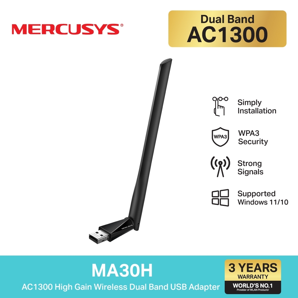 WIRELESS USB ADAPTER (USB อะแดปเตอร์ไวเลสดูอัลแบนด์กำลังสูง AC1300) MERCUSYS (MA30H) - 3 Years