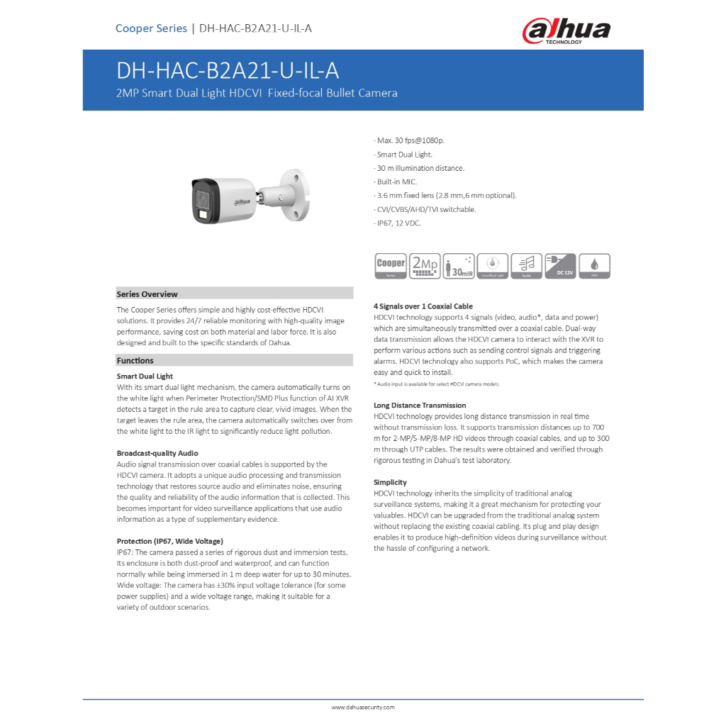 Dahua กล้องวงจรปิด 2MP กลางคืน 2 ระบบ มีไมค์ XVR4104HS-i + DH-HAC-B2A21P-U-IL-A 4 ตัว + ชุดอุปกรณ์
