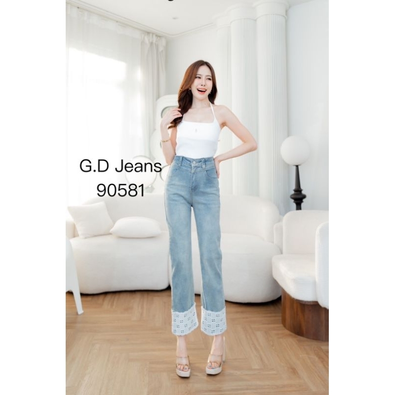 90581#กางเกงยีนส์ขายาวผ้ายืดทรงกระบอกเล็กดีไซน์ขาพับแต่งลูกไม้สีขาวตามเทรน ฟอกสีอมสนิมหน่วยๆ - รูปที่ 3