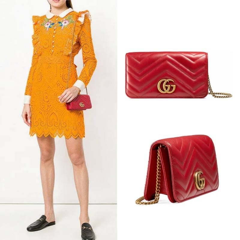 GUCCI GG Marmont Series Gold Label LOGO Yawen Quilted Chain Bag/กระเป๋าสะพาย/กระเป๋าผู้หญิง/สีแดง