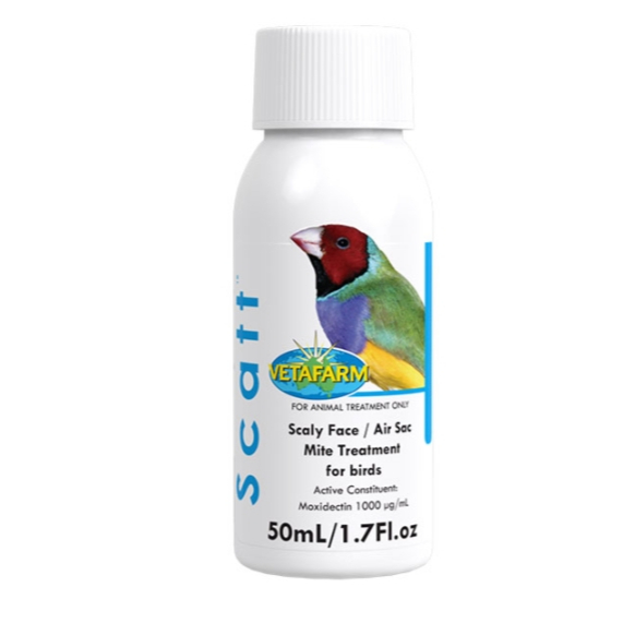 Scatt (แพ็กเกจ 50 ml.) ใช้ในการดูแล นกที่เป็นโรคหมัด เห็บ หรือตัวไร เป็นพาหะ