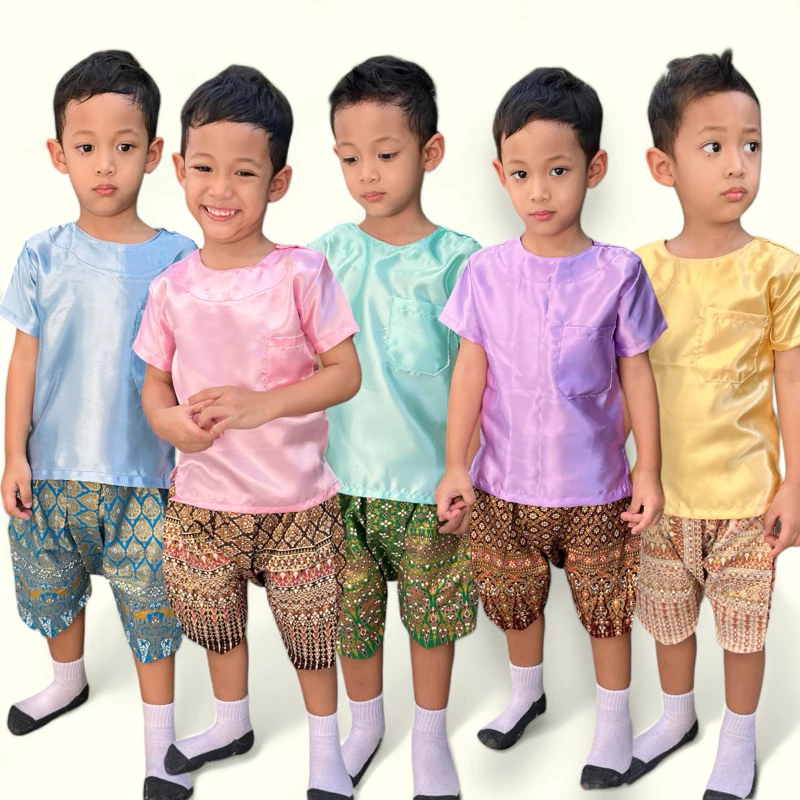 ชุดผ้ามันคอกลม(เสื้อ+โจง)ไม่รวมผ้าคาดเอว เด็กชาย คาดเอวสีทองแจ้งในแชทก่อนสั่งนะค่ะ