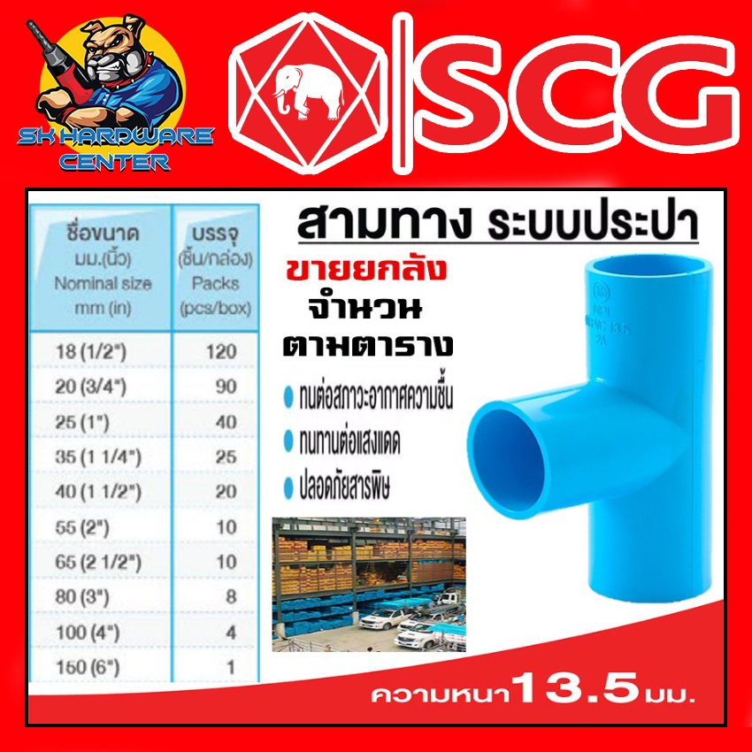 สามทางลด หนาชั้น 13.5 มีขนาดให้เลือกตั้งแต่ 3/4 - 3 นิ้ว ยี่ห่อ SCG ขายยกกล่อง (จำนวนตามตารางในรูป)