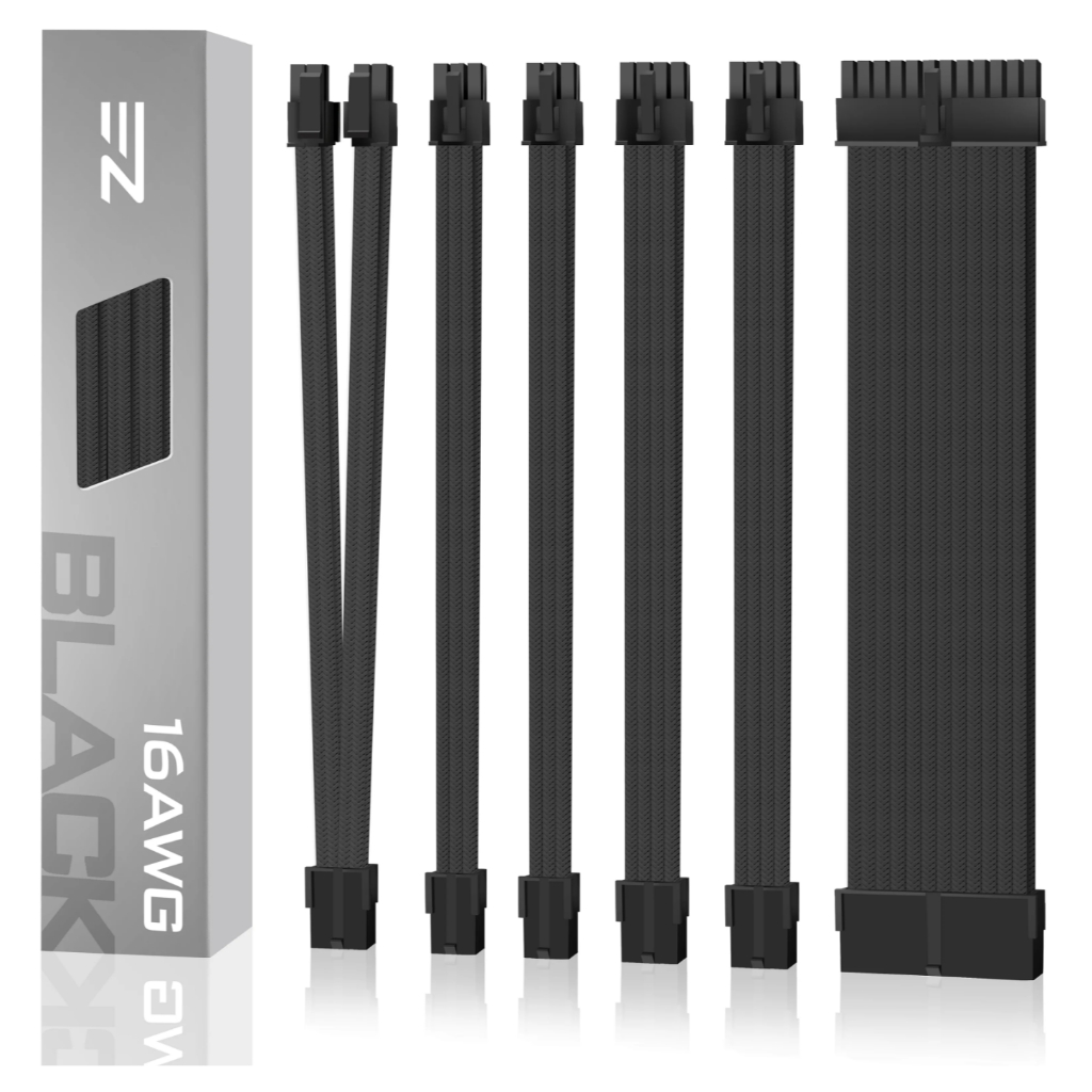 EZDIY-FAB (สายถักแต่งคอม) 16AWG PSU Cable Extension 6 Cables - Black (ทั้งเซ็ต)