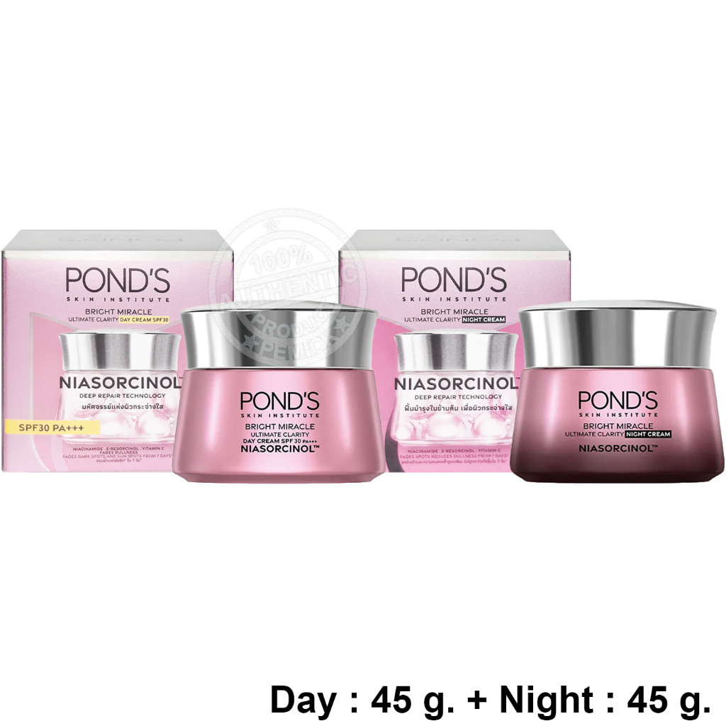 (แพ็คคู่) Pond's Bright Miracle Ultimate Clarity Day Cream SPF30 PA+++ and Night Cream Niasorcinol ขนาด 45 ก. พอนด์ส ไบร