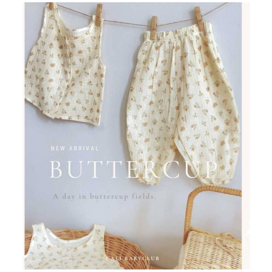 Cali ชุดเสื้อแขนกุด+กางเกง ผ้ามัสลินทอ สไตล์เกาหลี *Buttercup 💐*ป้าย Cali Baby