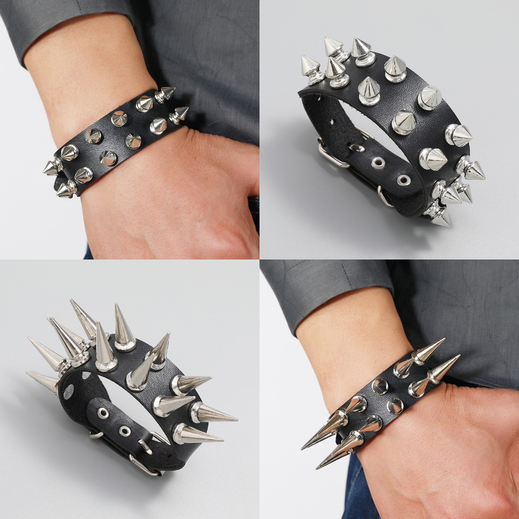 สร้อยข้อมือ กำไล หนัง Cuspidal Spikes Rivet Stud Wide Cuff PU Leather Punk Gothic Rock Unisex Bracelet Men Jewelry