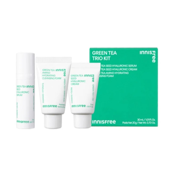 Innisfree Green Tea Trio Kit (Hyaluronic Cream 15ml, Hyaluronic Serum 15ml, Amino Hydrating Cleansing Foam 20ml)